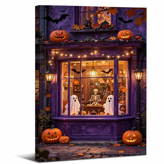 Halloween Purple Shop Canvas Wall Art, Lantern Ghost Skeleton Bat Window Print, Spooky Autumn Night Framed Canvas,24x36in