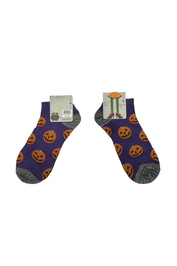 Halloween Purple Silver Jack-O-Lantern Pumkins Low Cut Socks, Shoe Size 5-9, Sock Size 9-11