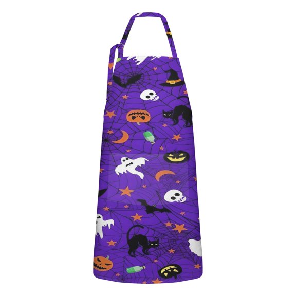 Halloween Purple Spider Web Apron-Garden Aprons for Women with Pockets-Cotton Linen Waterproof Kitchen Cooking Gardening Aprons Adjustable for Kitchen,Cooking,BBQ and Salon 32"x27"