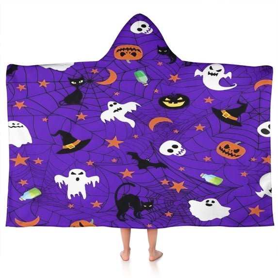 Halloween Purple Spider Web Pattern Hooded Bath Towel,50"x30" for Ages 3 To 12 Kids, Quick Dry Lightweight Soft Microfiber Hood Beach Towel Cover Up for Kids