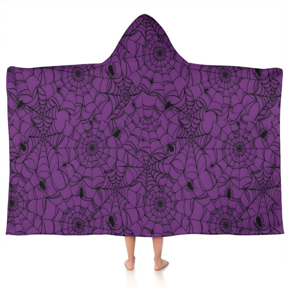 Halloween Purple Spider Web Pattern Hooded Bath Towel,50"x30" for Ages 3 To 12 Kids, Quick Dry Lightweight Soft Microfiber Hood Beach Towel Cover Up for Kids