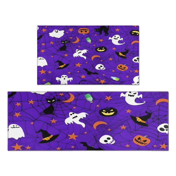 Halloween Purple Spider Web Pattern Kitchen Rugs Sets Of 2,Anti Fatigue Kitchen Mat Rugs Non Slip Washable,Decorative Kitchen Floor Mats for Kitchen,Sink,Laundry,17"x30"+17"x47"