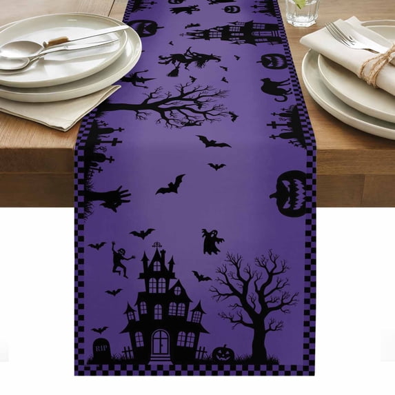 Halloween Purple Table Runner - 60 Inch Long, Kitchen Dining Table Runner Dresser Scarves, Spooky Ghost Castle Pumpkin Plaid Farmhouse Decor for Coffee Tables Wedding Party Banquet