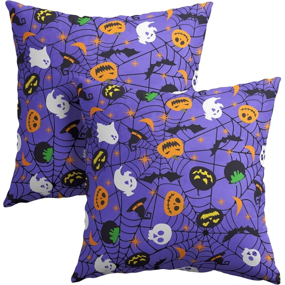 Halloween Purple Throw Pillow Covers 18x18 inch 2 Packs Humour Pumpkins Ghost Skeleton Bat Web Decorative Pillowcase Holiday linen Pillow Cases for Home Sofa Porch Outdoor Decor