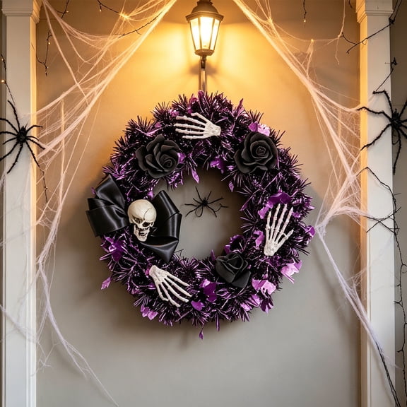 Halloween Purple Tinsel Wreath, Gothic Skeleton Hand Black Rose Ghost Bat Bow Front Door Wreath, Halloween Hanging Holiday Decor for Indoor Outdoor Wall Display