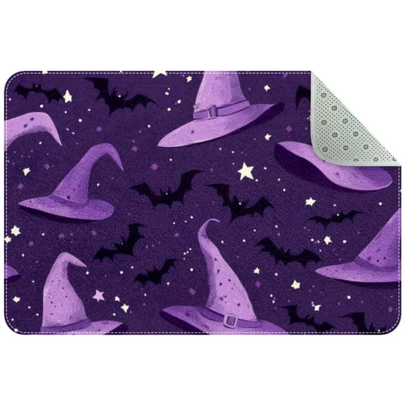 Halloween Purple Witch Hats Bats Night Small Area Rug, Non-Slip Door Mat Indoor Floor Mat, Washable Kitchen Rug Entrance DMat for Bedroom Living Room