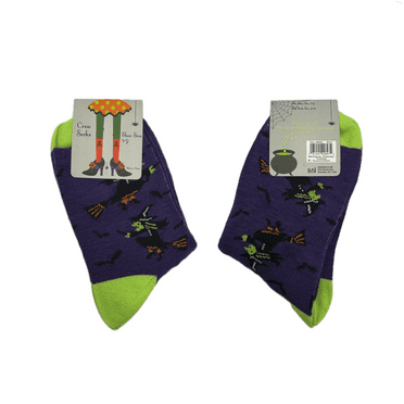 Halloween Purple Yellow Green Witch Crew Socks, Shoe Size 5-9, Sock Size 9-11