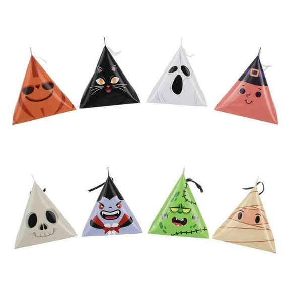 Halloween Pyramid Treat Boxes, 8-Pack, Assorted Cute and Spooky Designs, Candy Gift Favor Boxes for Kids Parties, Trick or Treat, Classroom, and Holiday Decorations