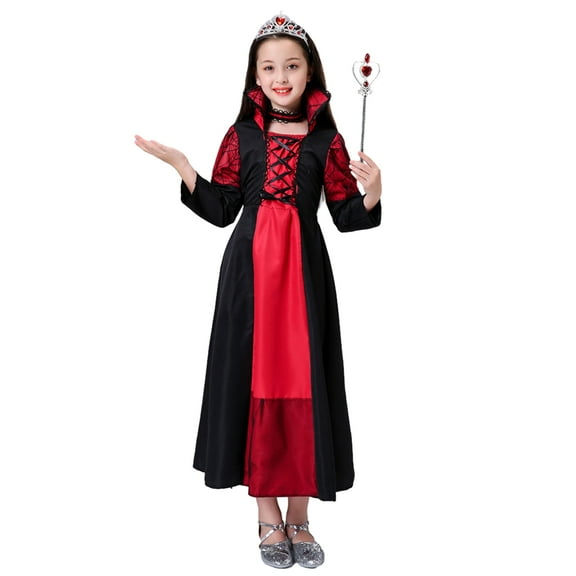 Halloween Queen Costume Witch Vampire Outfit Devil Long Dress Stand Collar Girl Cosplay Party Dress up Kids Fancy Scary Dress 2-18 Years