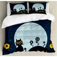 thumbnail image 1 of Halloween Queen Size Duvet Cover Set, Cute Cat and Lanterns Moon on Floral Field with Starry Night Sky Star Cartoon Art, Decorative 3 Piece Bedding Set with 2 Pillow Shams, Blue Black, by Ambesonne, 1 of 3
