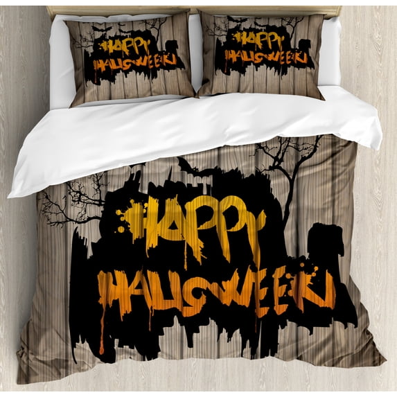 Halloween Queen Size Duvet Cover Set, Happy Graffiti Style Lettering on Rustic Wooden Fence Scary Evil Holiday Artwork, Decorative 3 Piece Bedding Set with 2 Pillow Shams, Multicolor, by Ambesonne