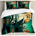 thumbnail image 1 of Halloween Queen Size Duvet Cover Set, Haunted Medieval Cartoon Style Bats in Twilight Gothic Fiction Spooky Art Print, Decorative 3 Piece Bedding Set with 2 Pillow Shams, Orange Teal, by Ambesonne, 1 of 3