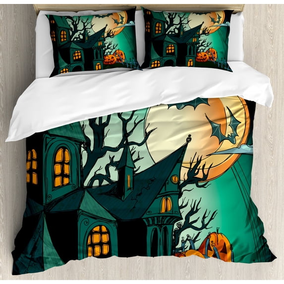Halloween Queen Size Duvet Cover Set, Haunted Medieval Cartoon Style Bats in Twilight Gothic Fiction Spooky Art Print, Decorative 3 Piece Bedding Set with 2 Pillow Shams, Orange Teal, by Ambesonne