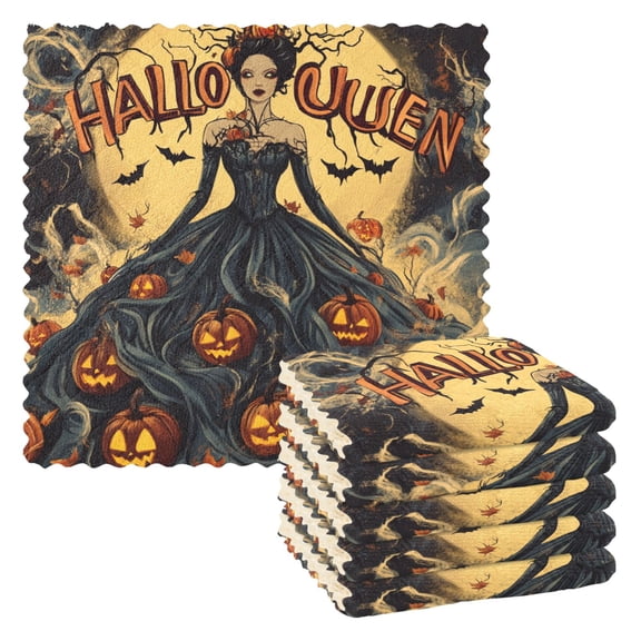 Halloween Queen and The Pumpkins Kitchen Cloth Dish Towels for Drying Washing Absorbent Dish Rags 6 Pack