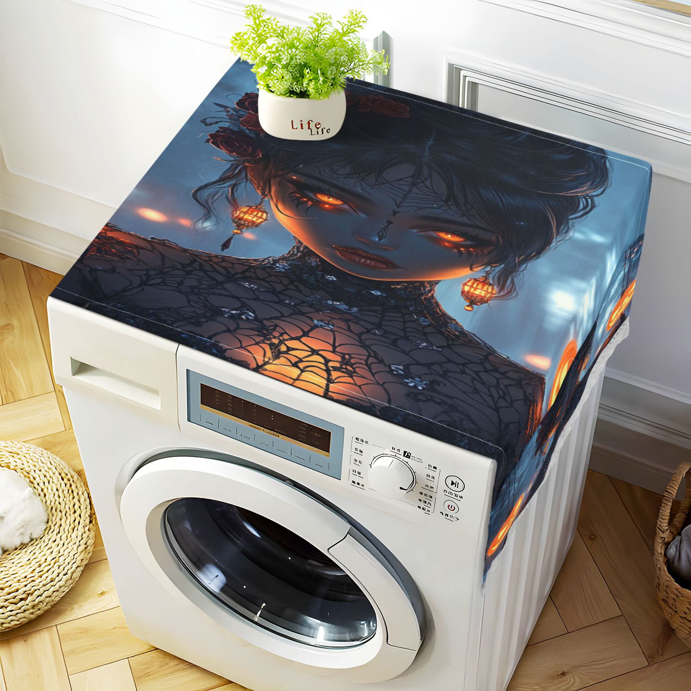Halloween QueenWasher and Dryer Covers Dust-Proof and Oil Resistant Fridge Cover with 4 Storage Pockets Washing Machine Top Cover for Laundry Kitchen Home 51.2 x 22 In
