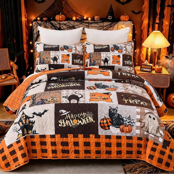 Halloween Quilt Set King Size Fall Patchwork Bedspread 3 Pieces Pumpkin Orange