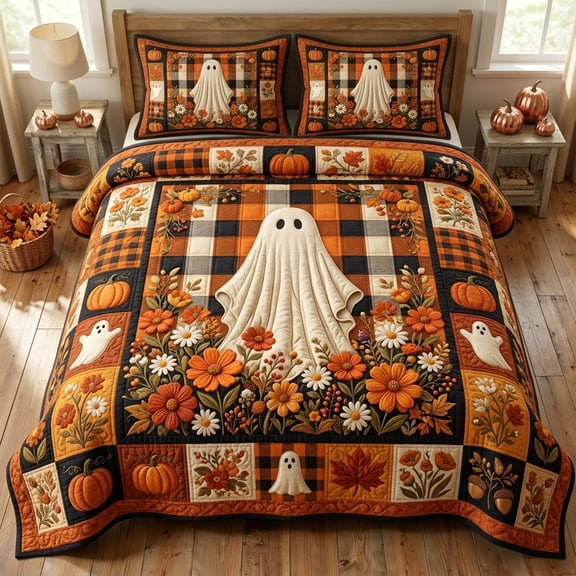 Halloween Quilted Bedspread Set 3-Piece Ghost Pumpkin Bedding, Soft Fabric Adds Cozy Spooky Style And Coordinated Comfort, Halloween Coverlet with 2 Pillow Shams StyleA (Queen)