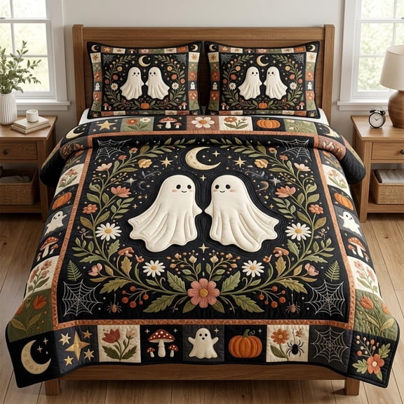 Halloween Quilted Bedspread Set 3-Piece Ghost Pumpkin Bedding, Soft Fabric Adds Cozy Spooky Style And Coordinated Comfort, Halloween Coverlet with 2 Pillow Shams StylG (Cal King)