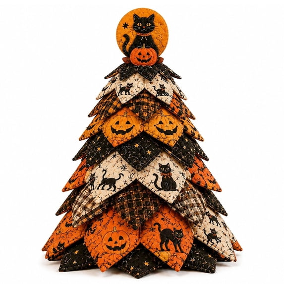 Halloween Quilted Fabric Tree Decoration for Tabletop Display, Black Cat and Pumpkin Patchwork Ornament for Indoor Home Decor, DIY Seasonal Craft Kit for Fall Holidays, 11.8 Inch