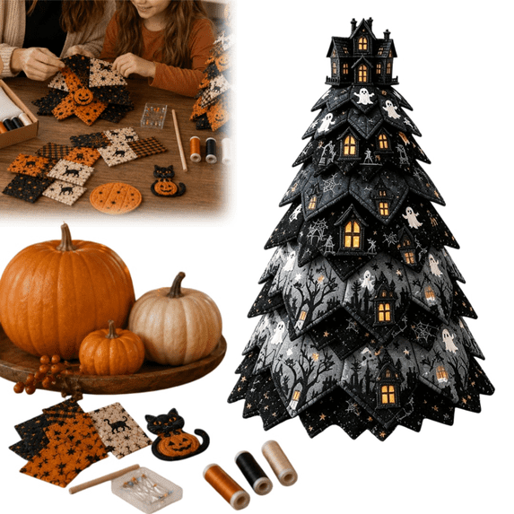 Halloween Quilted Fabric Tree Kit New 3D Patchwork Kit DIY Christmas Tree Quilt Kit Holiday Patchwork Sewing Craft Kit Desktop Decoration for Holiday(G)