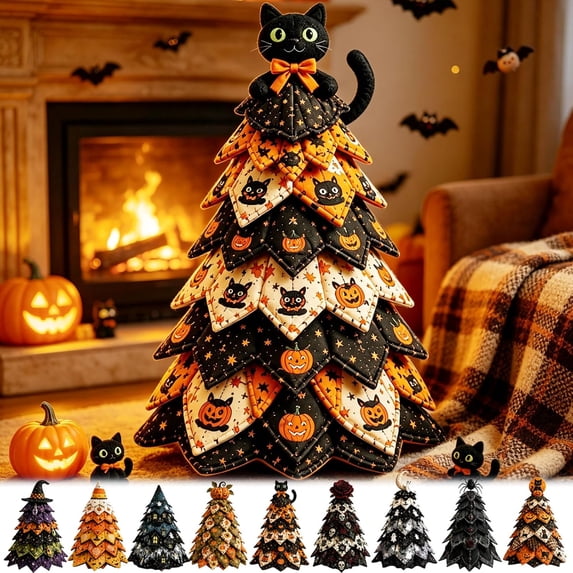 Halloween Quilted Fabric Tree Kit 3D Patchwork Kit DIY Christmas Tree Quilt Kit Holiday Patchwork Sewing Craft Kit, Black Cat B