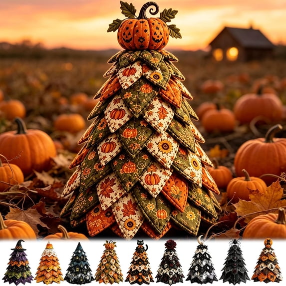 Halloween Quilted Fabric Tree Kit 3D Patchwork Kit DIY Christmas Tree Quilt Kit Holiday Patchwork Sewing Craft Kit, Pumpkin