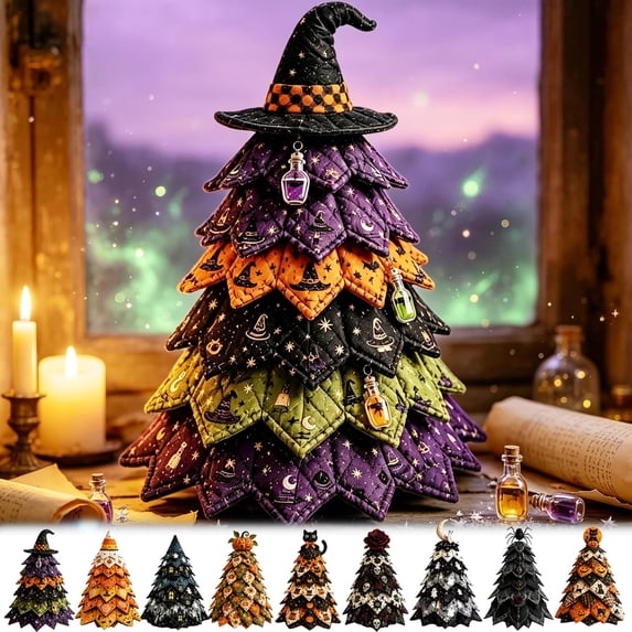 Halloween Quilted Fabric Tree Kit 3D Patchwork Kit DIY Christmas Tree Quilt Kit Holiday Patchwork Sewing Craft Kit, Witch Hat