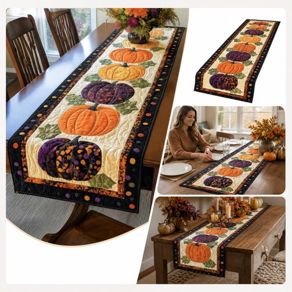 Halloween Quilted Pumpkin Table Runner 14x48in Reversible Fall Harvest Decor with Smiling Jack-O-Lantern Witch Hat for Dining Kitchen Mantel Home Accent
