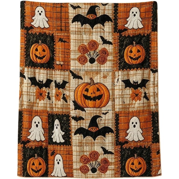Halloween Quilted Throw Blanket 60x80 Inch, Vintage Patchwork Pumpkin Ghost Witch Bat Print Soft Cozy Farmhouse Fall Decor Lightweight Quilt Blanket for Couch Bed