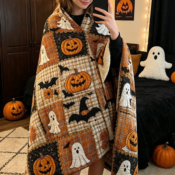 Halloween Quilted Throw - Patchwork Quilt with Spooky Pumpkin & Ghost Patterns, Soft Cotton Throw for Couch, Bed & Autumn Home Decor