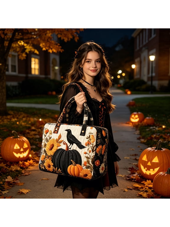 Halloween Quilted Tote Bag, Crow Pumpkin Sunflower Print Portable Handbag for Thanksgiving Candy Costumes Holiday Party Travel Storage