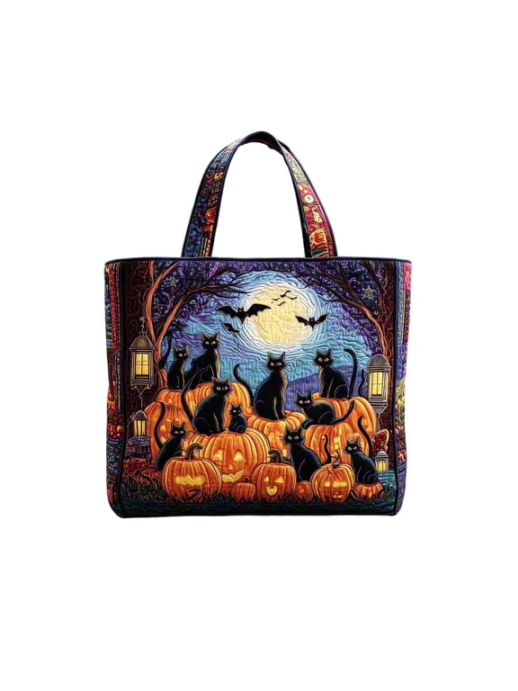 Halloween Quilted Tote Bag Cute Trick Or Treat Boo Bags Shoulder Strap Padded Novelty Print Reusable Handbag