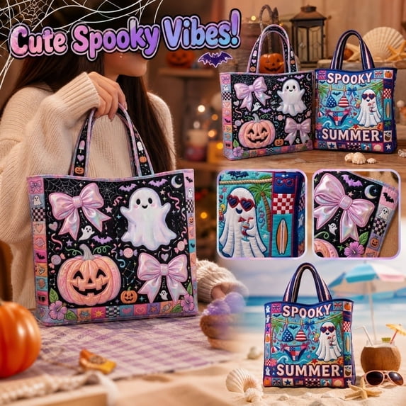 Halloween Quilted Tote Bag with Embroidery, Stylish Holiday Shoulder Purse for Women, Spooky Theme Daily Handbag for Fall Parties and Seasonal Outfits, 1Pack A