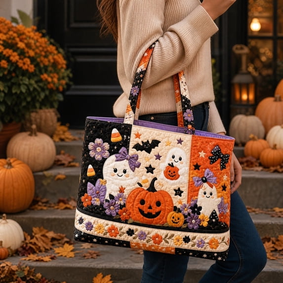 Halloween Quilted Tote Bag, Large Capacity Digital Print Pumpkin Trick or Treat Candy Storage Handbag, Durable Polyester Reusable Shoulder Bag with Reinforced Bottom for Women Kids Party Shopping