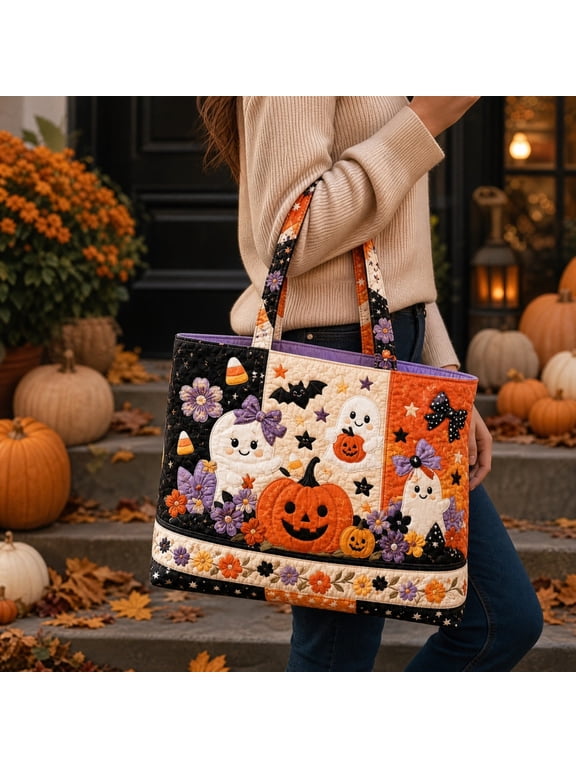 Halloween Quilted Tote Bag, Large Capacity Digital Print Pumpkin Trick or Treat Candy Storage Handbag, Durable Polyester Reusable Shoulder Bag with Reinforced Bottom for Women Kids Party Shopping