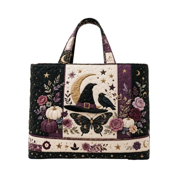 Halloween Quilted Tote Bag With Crow Butterfly Witch Hat And Moon Design For Daily Use Travel Work Fitness(Purple-43X40Cm)