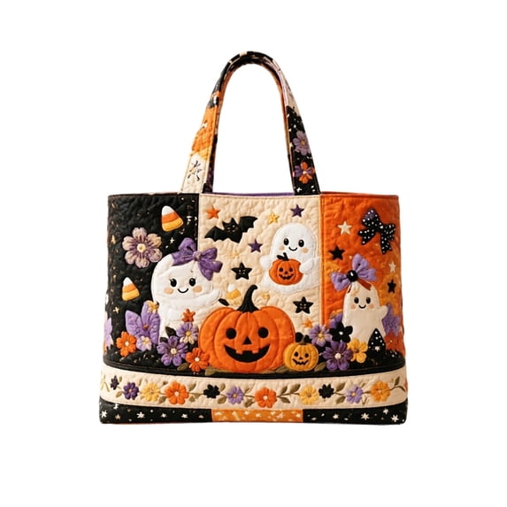 Halloween Quilted Tote Bag With Cute Ghost Pumpkin And Candy Corn Design For Daily Use Travel Work Fitness(White-43X40Cm)