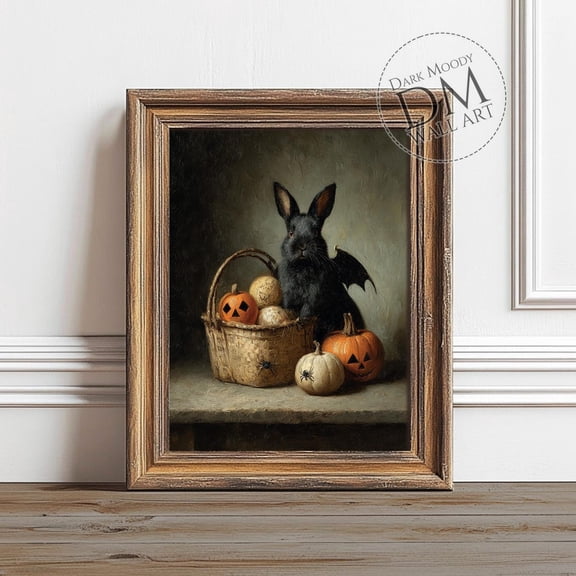 Halloween Rabbit With Pumpkins Wall Art Print, Dark Moody, Gothic Animal Still Life, Seasonal Living Room And Home Decor