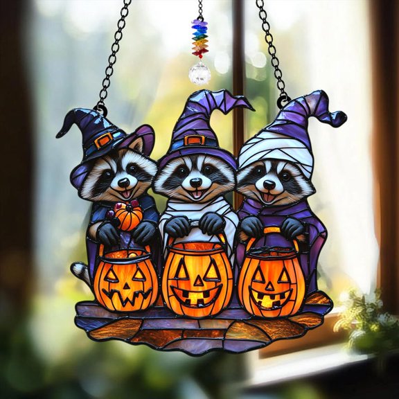 Halloween Raccoon Trio Acrylic Suncatcher  Cute Trick-or-Treat Animals with Pumpkin Buckets, Witch Hat and Rainbow Gem Charm for Fall Decor