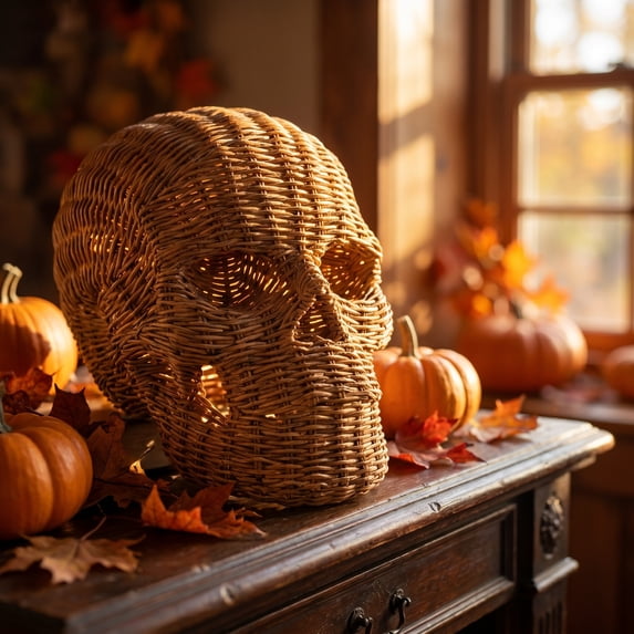 Halloween Rattan Look Resin Skull Figurine, Woven Texture Gothic Tabletop Ornament for Mantel Shelf Party GHOST HOUSE and Spooky Home Decor