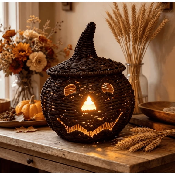 Halloween Rattan Pumpkin Baskets with Witch Hat Lids 10.2 inches, Black Jack-O-Lanterns with Warm LED Glow, Gothic Farmhouse Decor for Spooky Porch, Entryway & Candy Storage