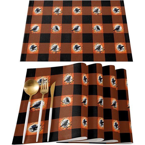 Halloween Rave Pattern Placemats Set of 4, Orange and Black Buffalo Check Plaid Cotton Linen Stain Resistant Table Mats Washable Placemat Decoration for Kitchen Dining Table,Crows