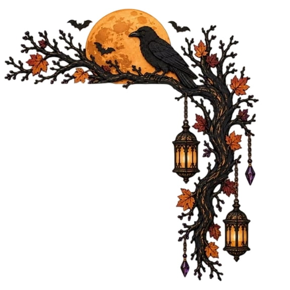 Halloween Raven Crow Wooden Door Corner Decor Gothic Moon Bats Lanterns Fall Home Wall Door Sign Spooky Party Indoor Seasonal Black Farmhouse Autumn