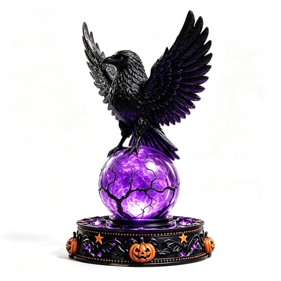 Halloween Raven Crystal Ball Night Light with Owl Witch Hat, Gothic Raven Lamp with Glowing Ball for Desktop Mantel, Spooky Decor for Home Party Shelf Display, 5.9 Inch