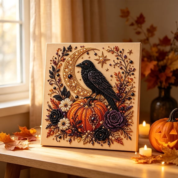 Halloween Raven Pearl Art DIY Kit, 3D Diamond Art Painting Craft With Pearls and Beads, Halloween Diamond Art Decor For Adults, Fall Spooky Wall Decoration