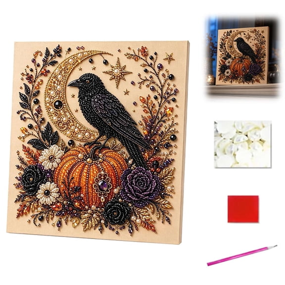 Halloween Raven Pearl Art DIY Kit, 3D Spooky Pumpkin Painting Craft for Adults Beginners, Fall Home Wall Decor, Party Gift 8x8 Inch