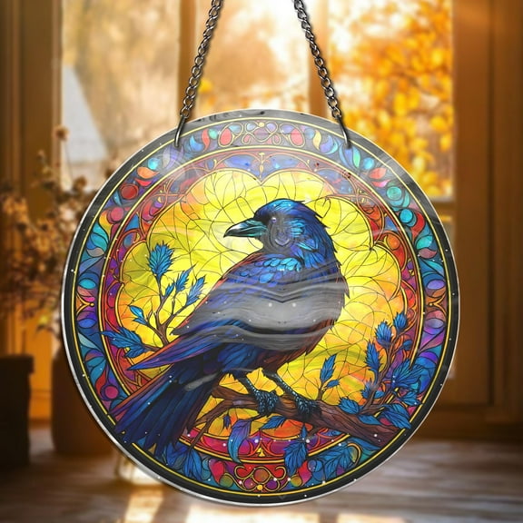 Halloween Raven Stained Glass Window Hanging Gothic Crow Suncatcher Fall Decor Autumn Sun Catcher Gift Spooky Season Decor Halloween Gifts