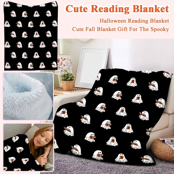 Halloween Reading Blanket Cute Ghost Print Throw Soft Cozy Fall Bedding for Living Room Sofa 40x60 Inches Decorative Gift for Book Lovers and Autumn Decor, 1Pack Black Size:L