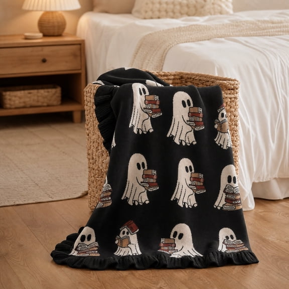Halloween Reading Book Ghost Blanket, Soft Fluffy Halloween Throw Blanket for Book Lovers, Black Book Ghost Pattern Throw Book Blanket, Ghost Halloween Oversized Blanket Homegoods