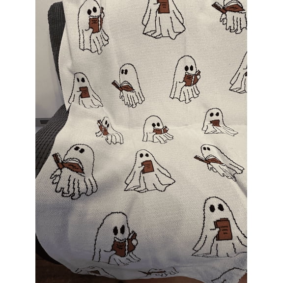 Halloween Reading Book Ghost Blanket, Spookyfinds Bookdecor Towels, White Book Ghost Pattern Throw Bookblanket, Spookyseason Ghost Halloween Oversized Cream Throw/Blanket